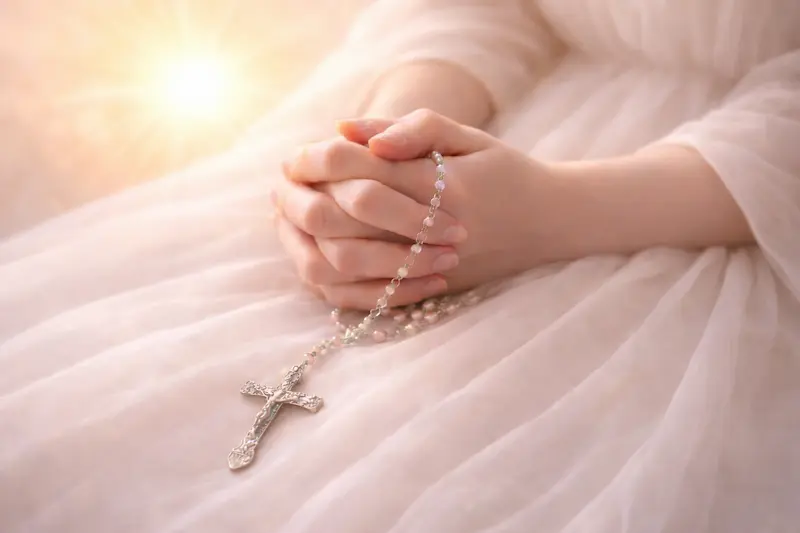 Betende Hände auf dem Schoß mit Kreuzkette