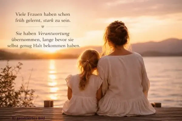 Eine Frau sitzt mit ihrem inneren Kind auf einem Steg. Beide schauen in den Sonnenuntergang